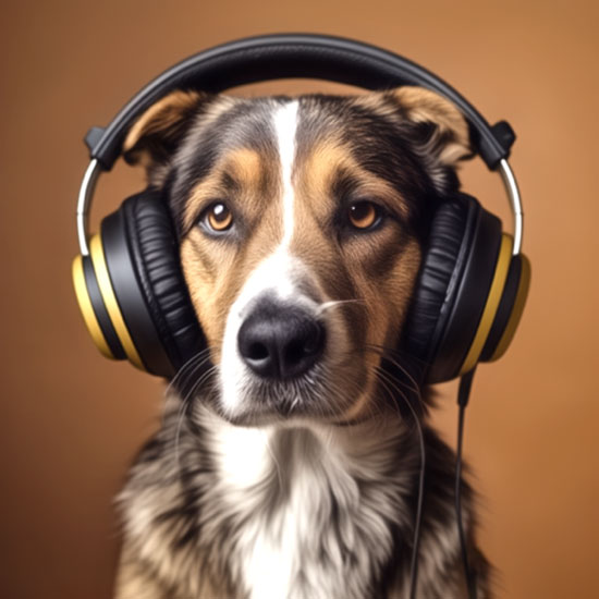 Ein süßer Hund mit Kopfhörern vor den Ohren zum Schutz vor Lärm