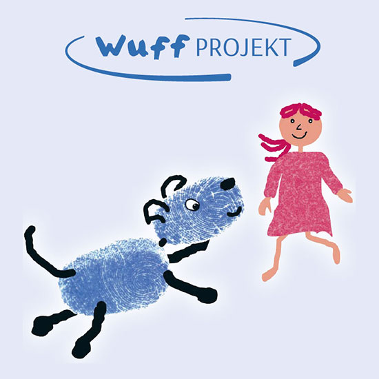 Wuff Projekt - eine Illustratione, die zeigt, wie ein freudiger groesserer Hund laeuft auf ein Kind zu
